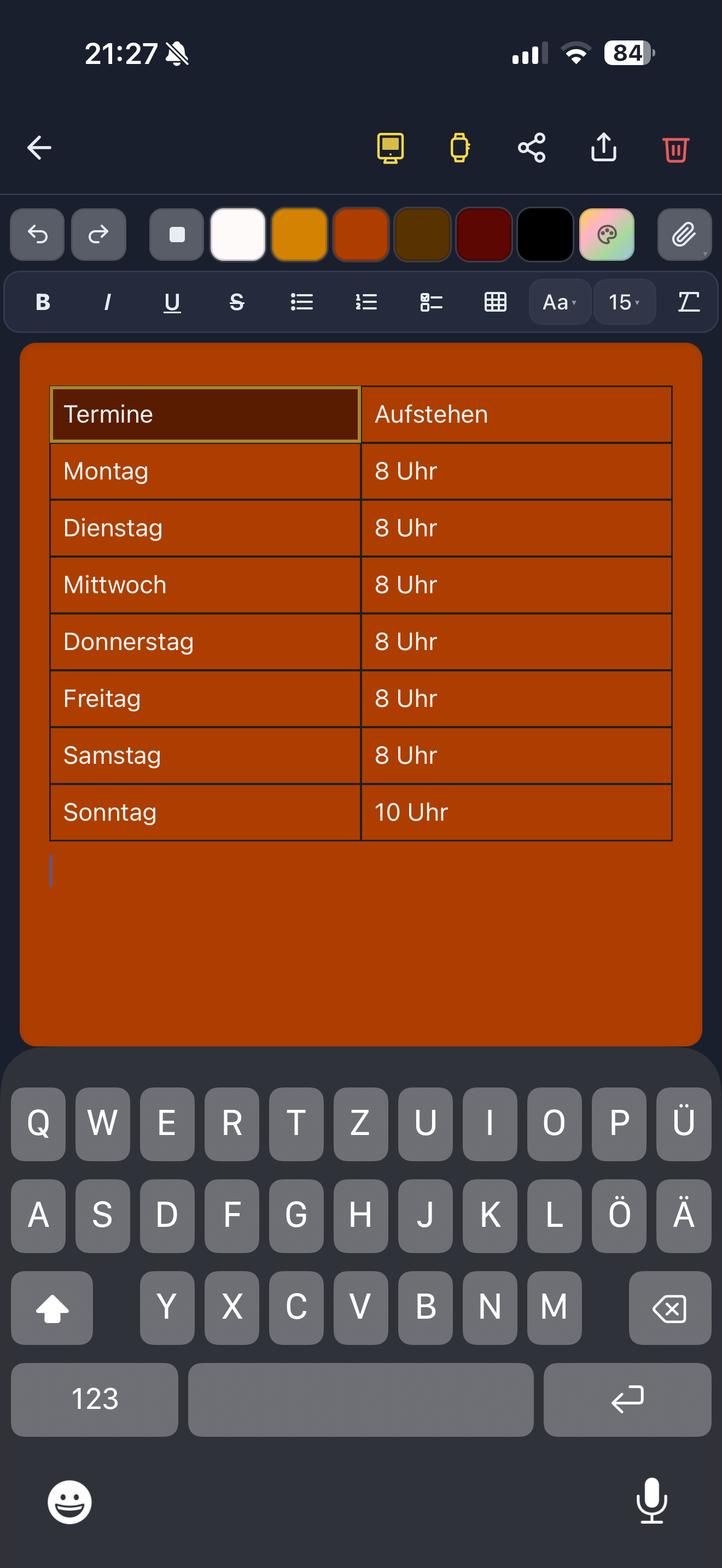 Zettelkram-Editor auf dem iPhone — Tabelle mit Wochentagen und Aufstehzeiten, Format-Toolbar mit B/I/U/Listen/Tabelle/Schriftgröße, Color-Toolbar mit benutzerdefinierten Farben