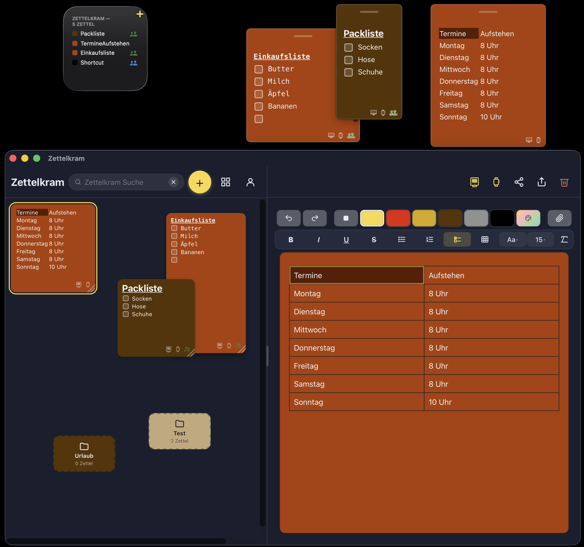Zettelkram auf dem Mac — Home-Screen-Widget mit 5-Zettel-Liste oben links, schwebende Sticky-Notes auf dem Schreibtisch, Hauptfenster mit Pinnwand links und Tabellen-Editor rechts