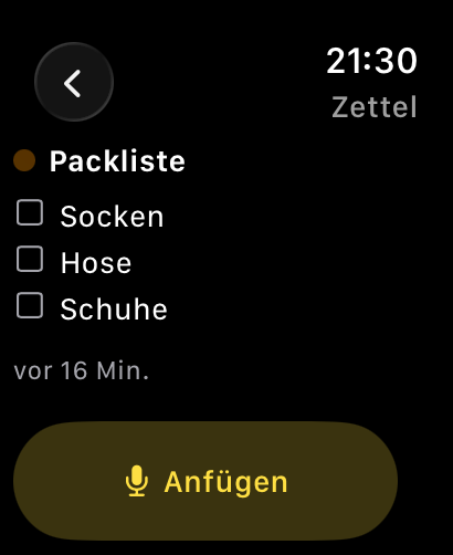 Zettelkram auf der Apple Watch — Packliste mit Socken, Hose, Schuhe als Checkliste, Anfügen-Button mit Mikrofon-Symbol